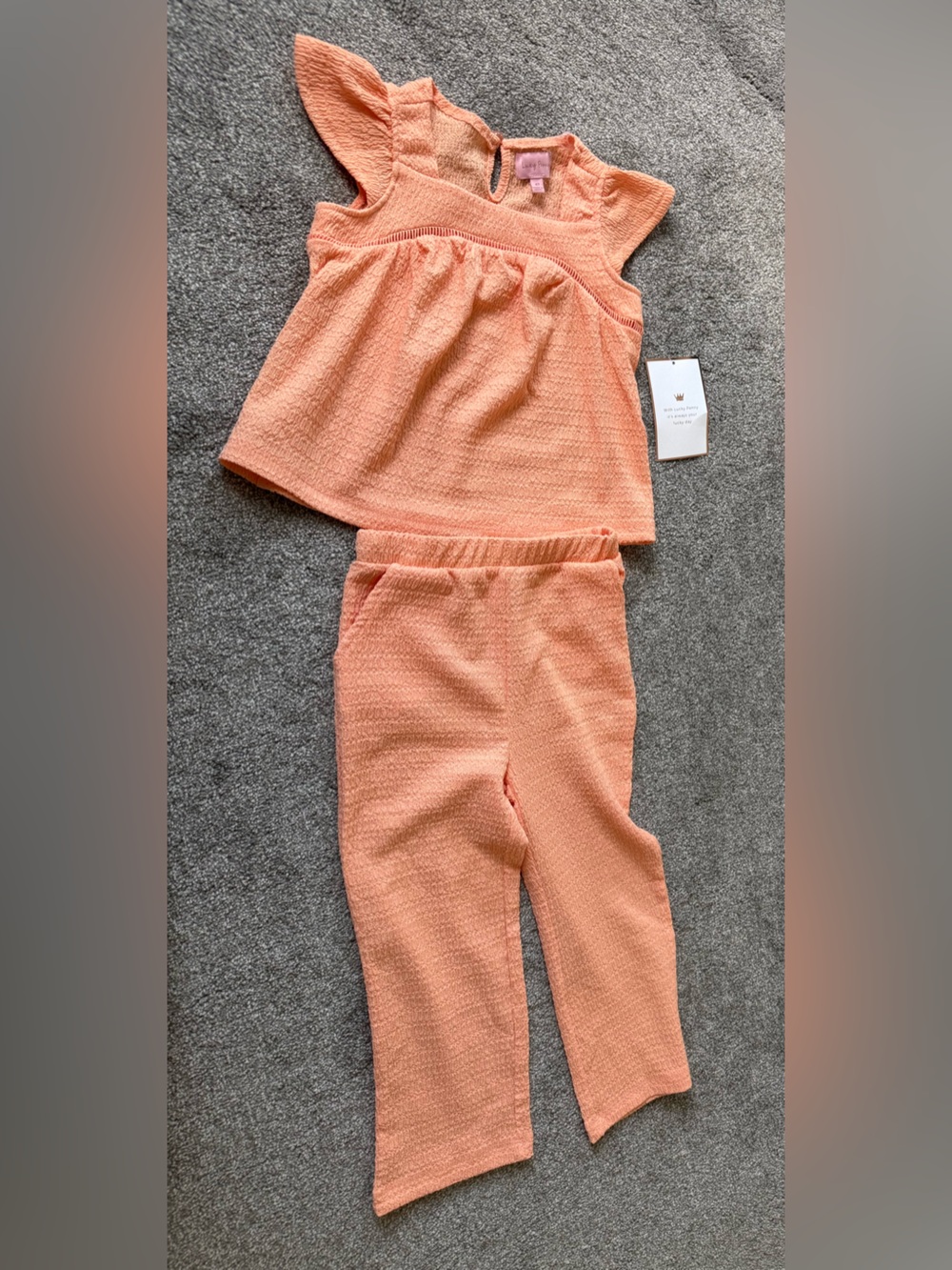 Girls Peach Knit Jogger Set with Flutter Sleeve Top